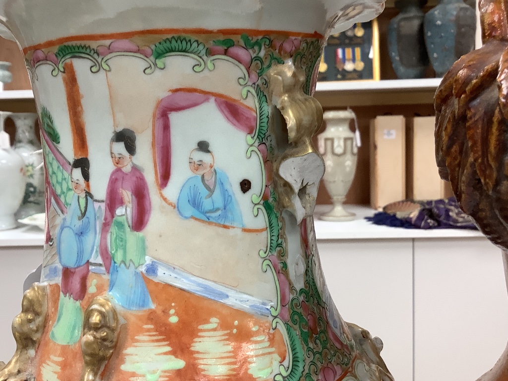 A pair of late 19th century Chinese famille rose vases, height 36cm